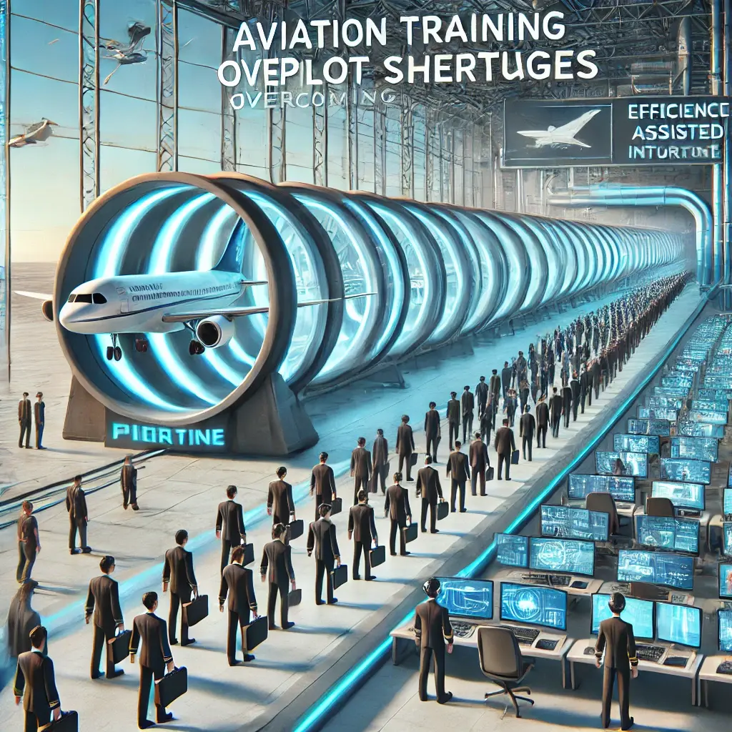 DALL·E 2025-01-29 14.39.39 - A futuristic conceptual illustration of aviation training overcoming pilot shortages. The image showcases a large, structured training pipeline where 