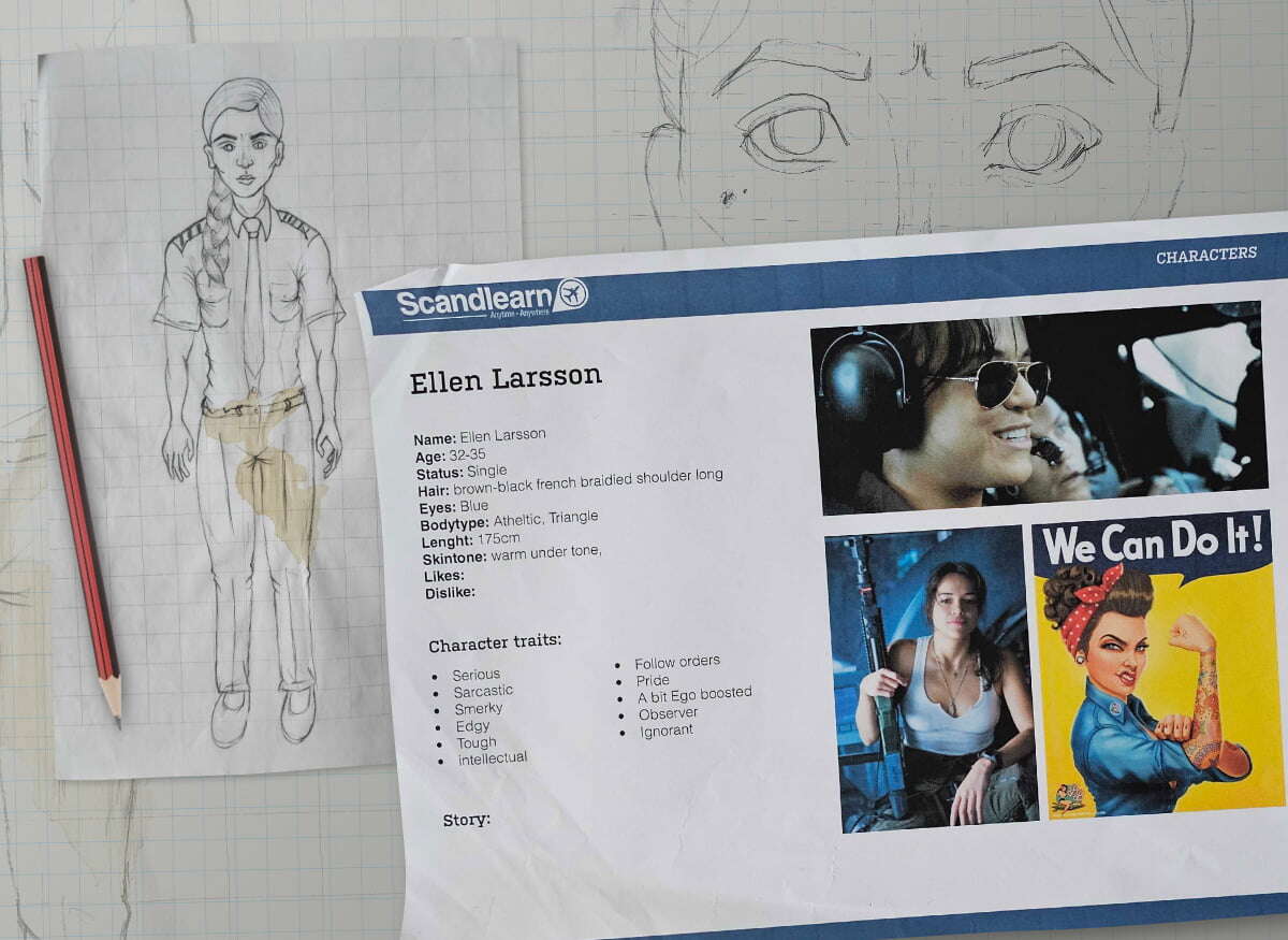 Early sketches of First Officer Ellen, a Scandlearn character from 2013, showcasing the design process for engaging aviation training.