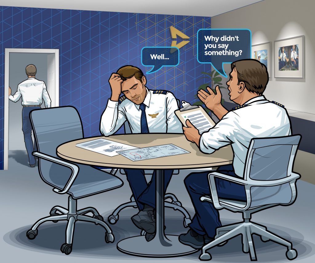 Illustrated image of flight crew in office setting having a disagreement.