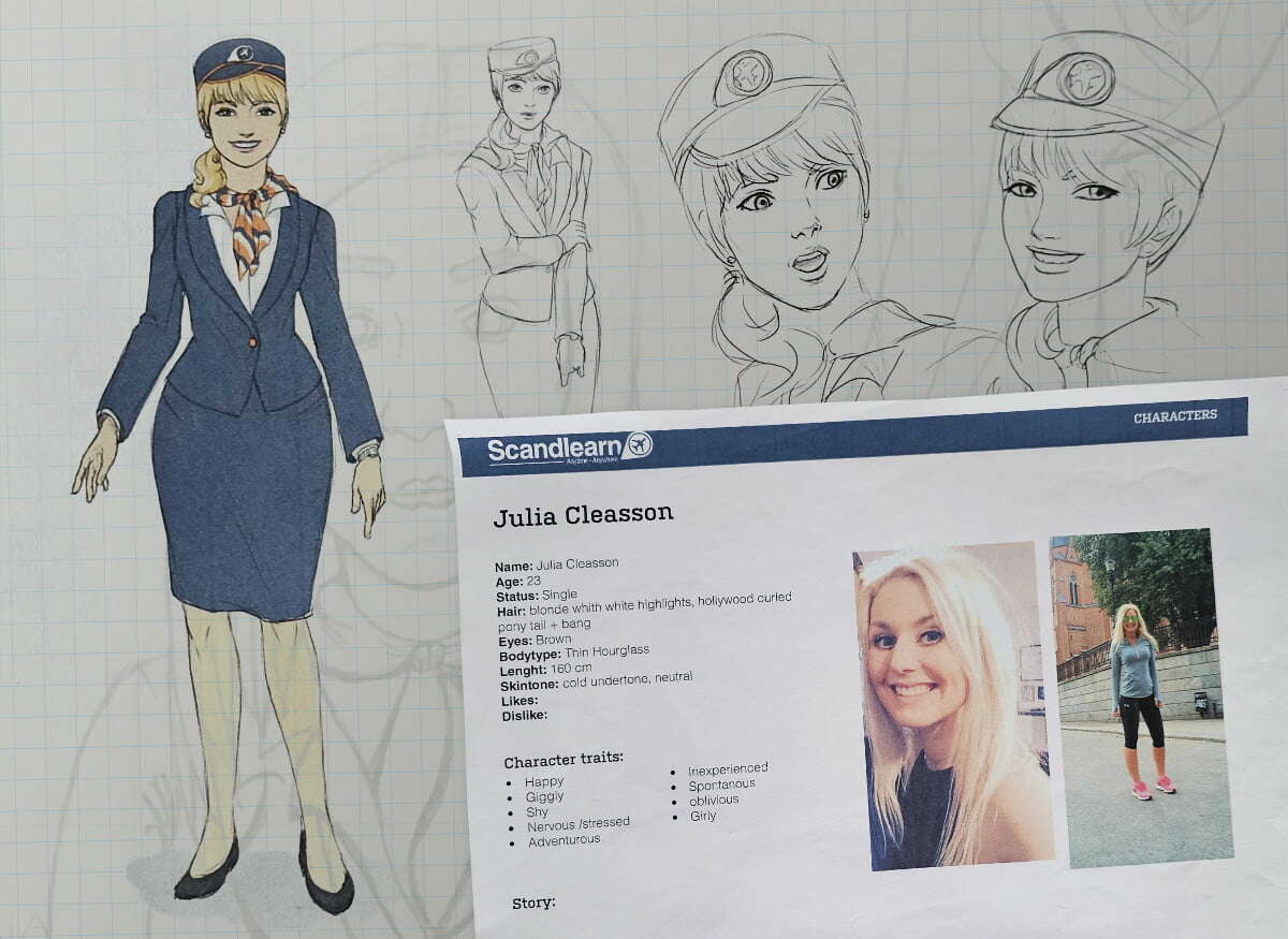 Early sketches of cabin attendant Julia, a Scandlearn character from 2013, showcasing the design process for engaging aviation training.