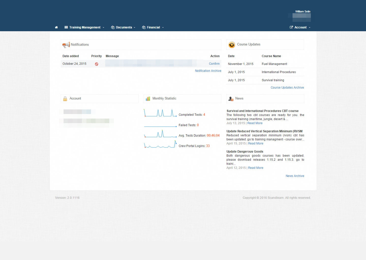 Screenshot of Scandlearn's LMS2 dashboard showcasing its user interface, navigation menus, and training management features.