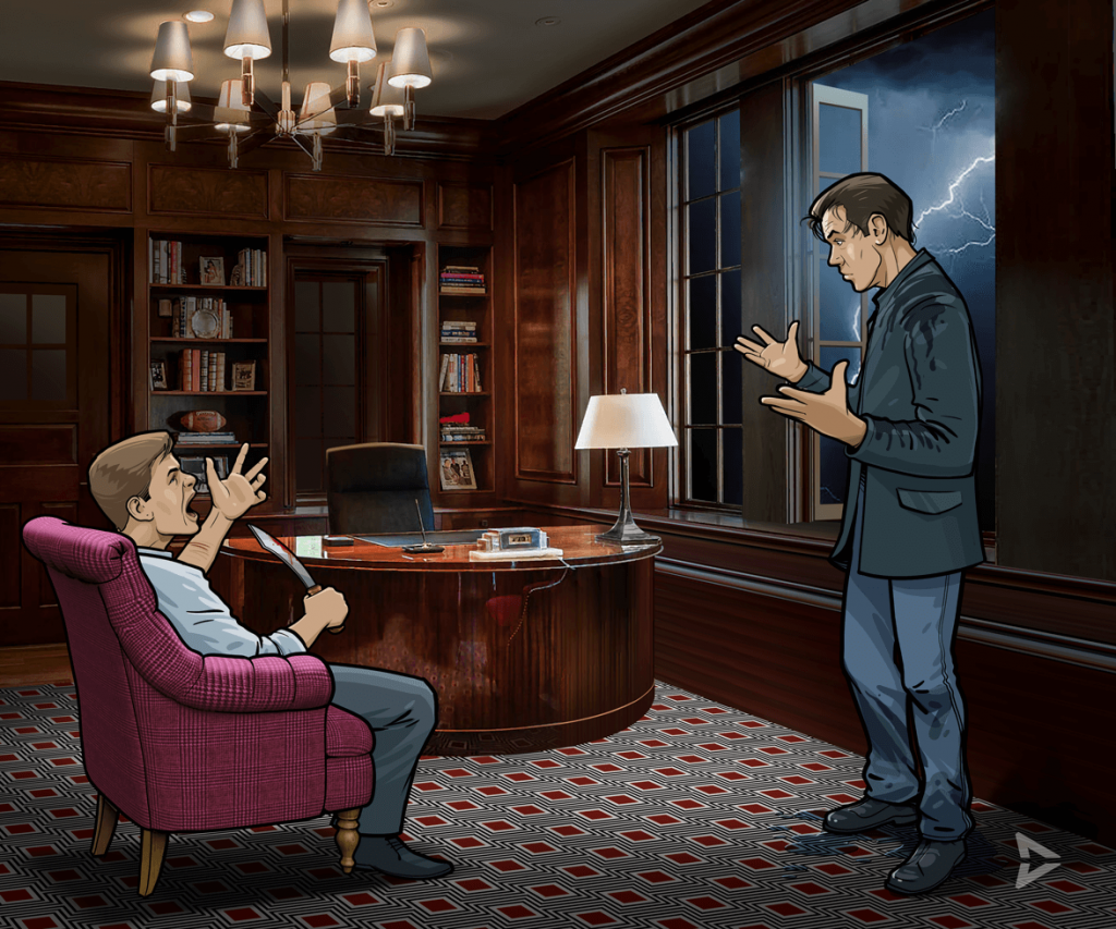Illustrated image in home office of two men having heated conversation while one brandishes a knife.