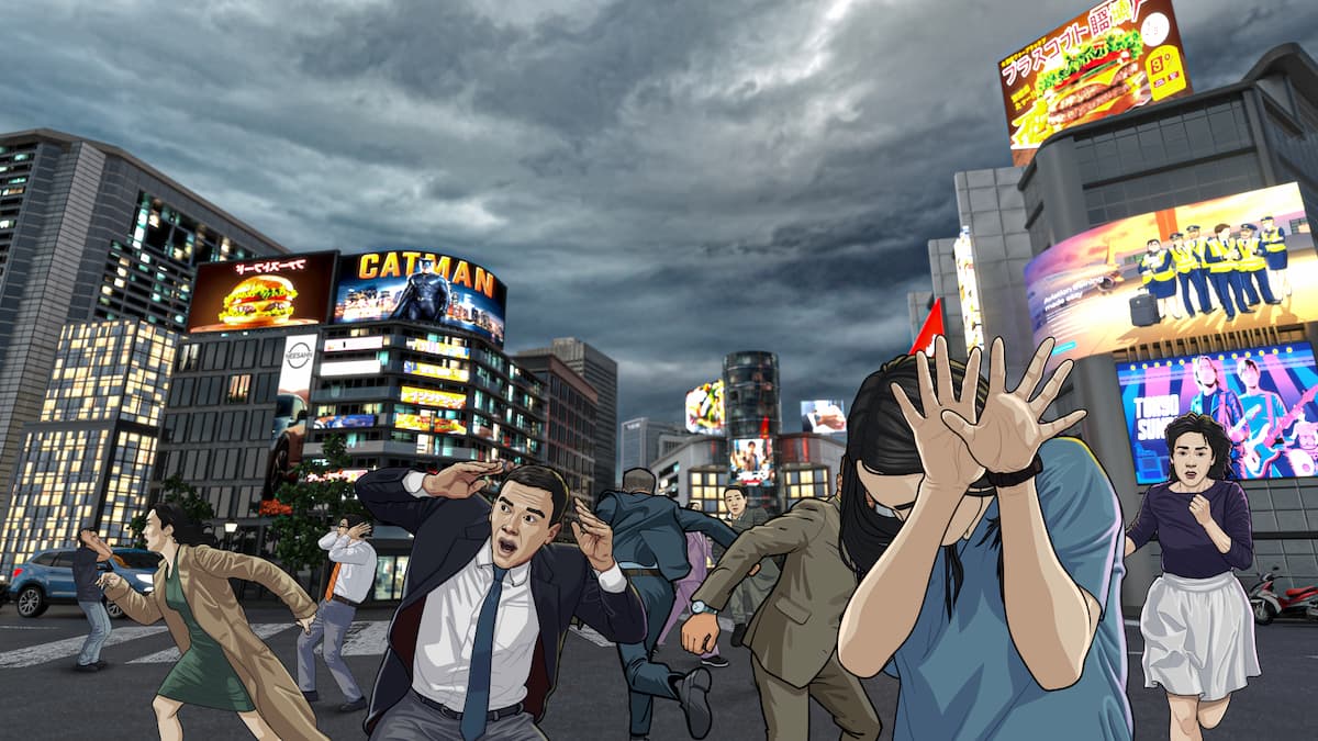 Illustration of people panicking during an earthquake in Japan