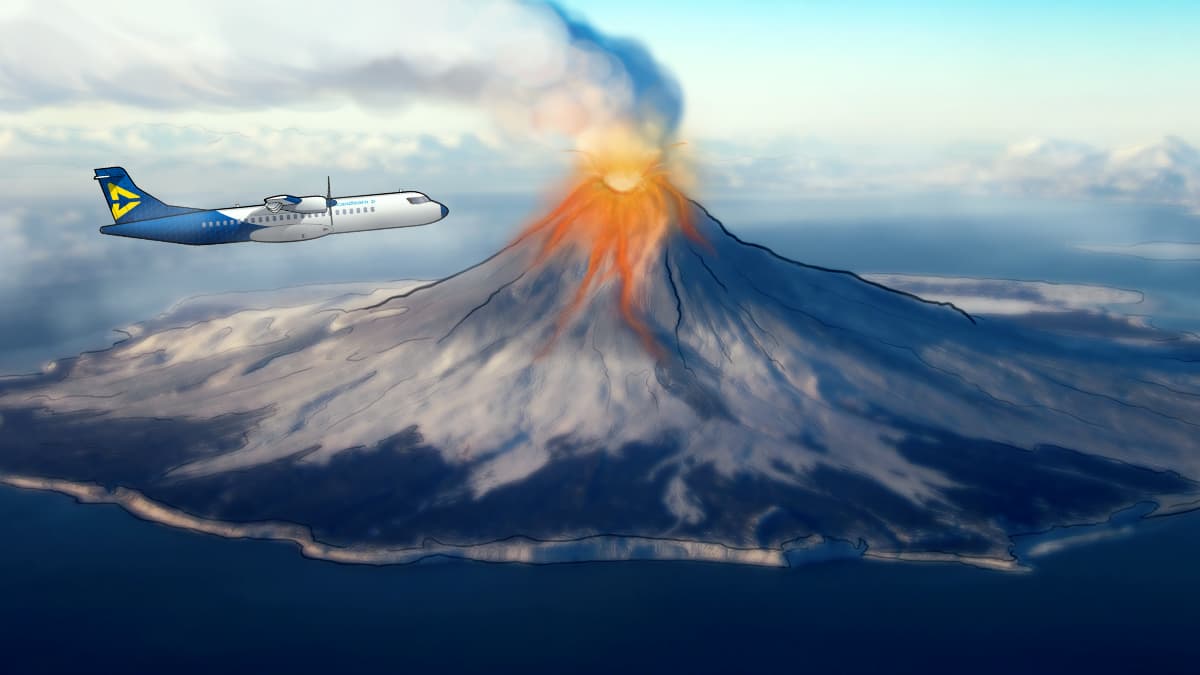 Scandlearn aircraft flying by active volcano