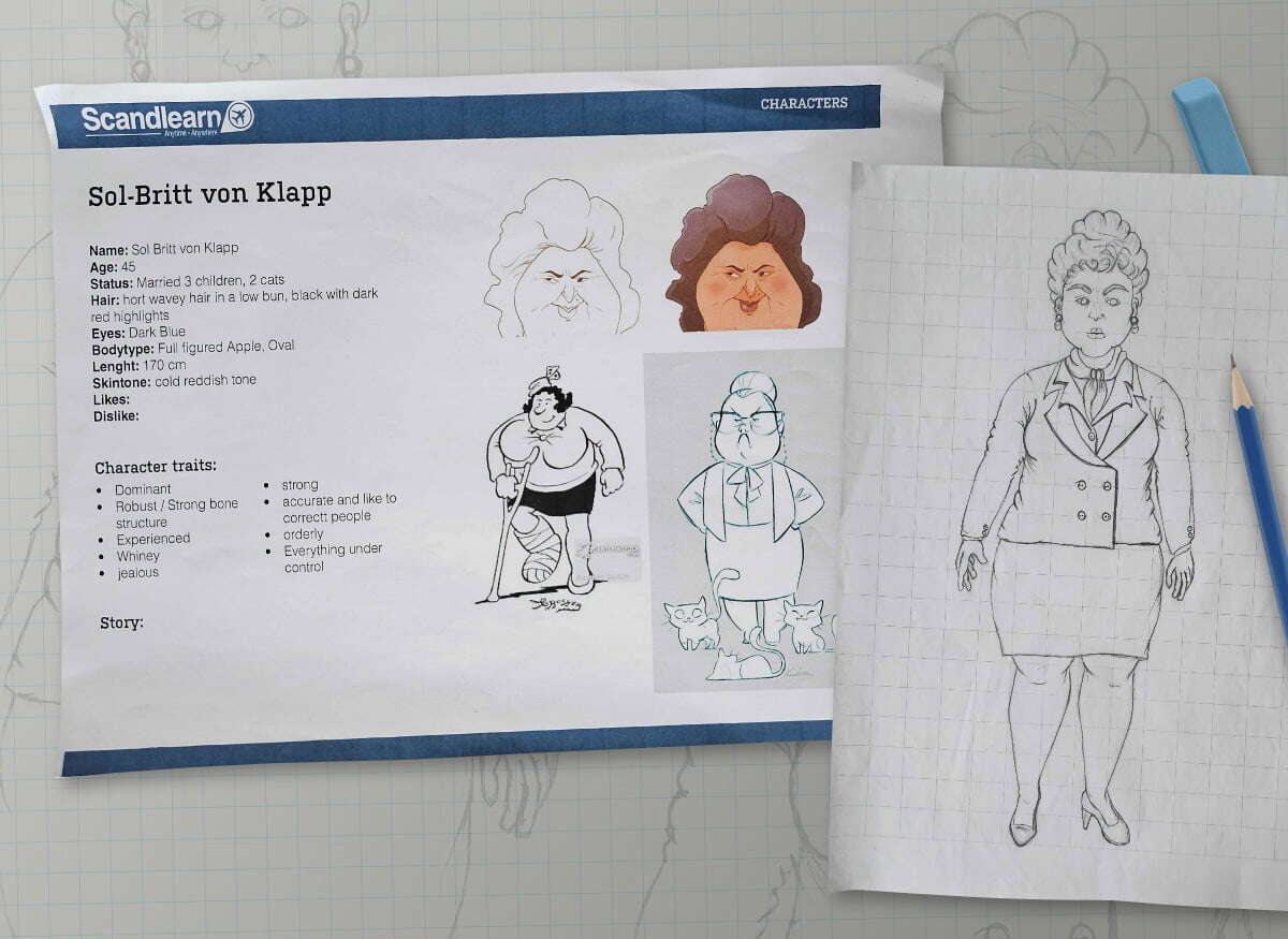 Early sketches of Senior Cabin Attendant Solbritt, a Scandlearn character from 2013, showcasing the design process for engaging aviation training.