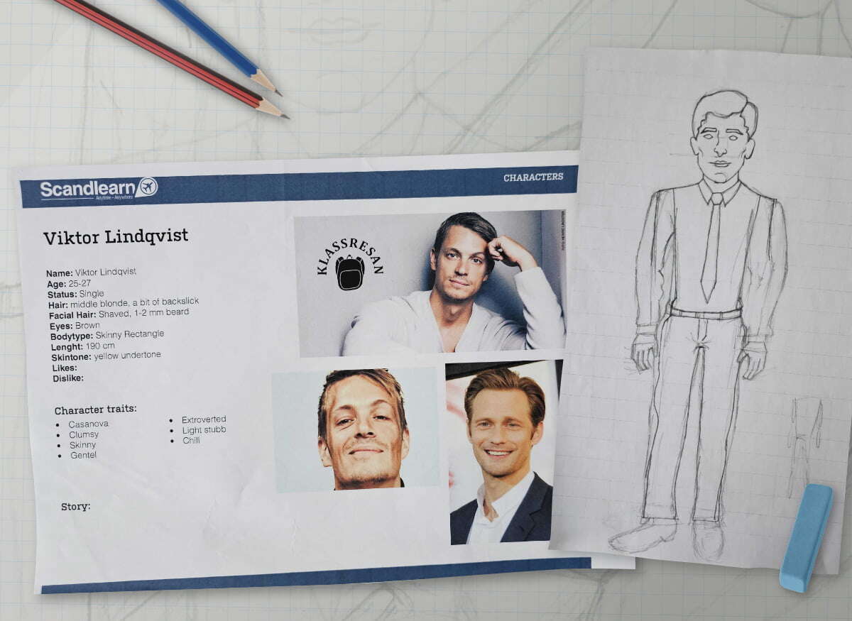 Early sketches of cabin attendant Viktor, a Scandlearn character from 2013, showcasing the design process for engaging aviation training.
