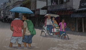 People in India traversing through flooded streets during Monsoon