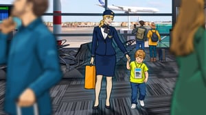 Cabin crew escorting minor in airport terminal