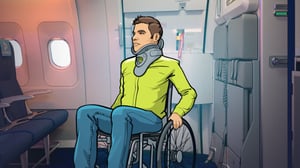 Injured man in wheelchair aboard aircraft